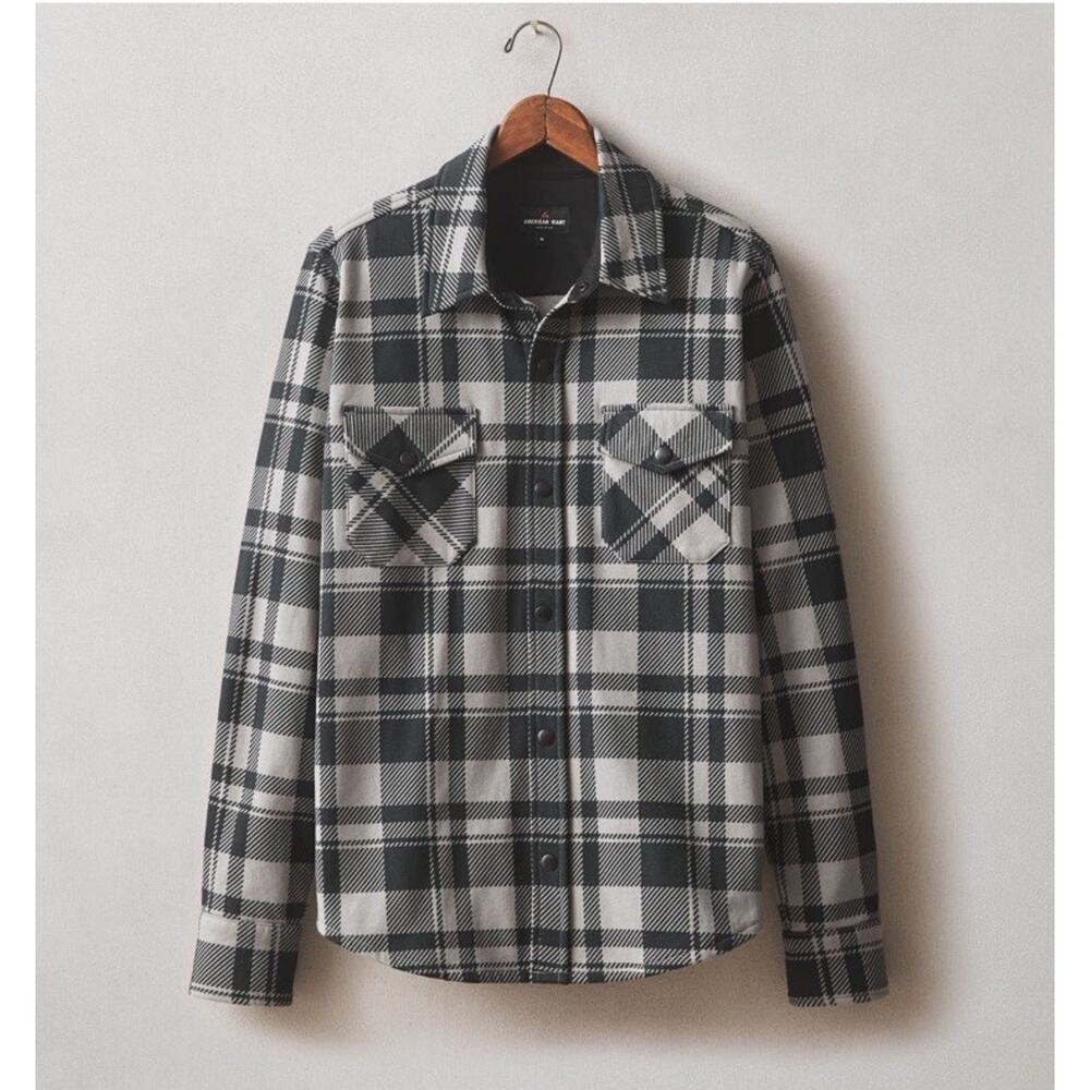 American Giant Redwood Fleece Overshirt Unisex Large Silent Storm Plaid Cotton